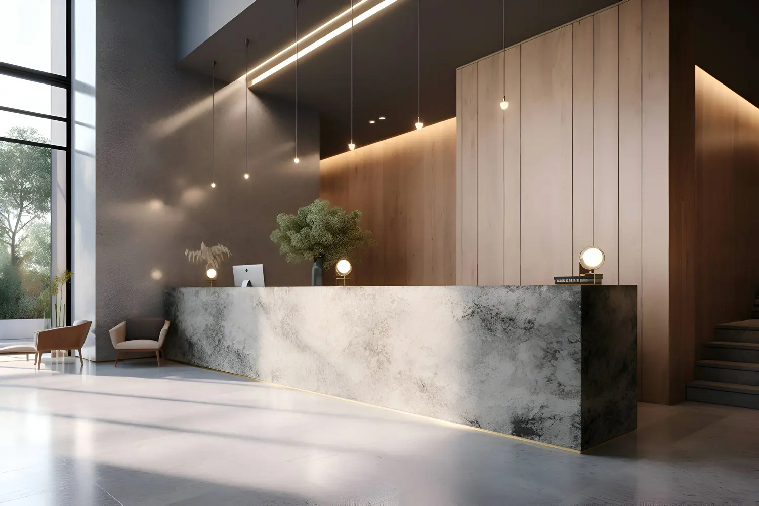 Modern dining room with long table